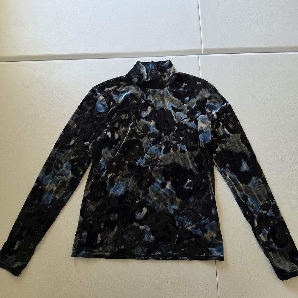Carlisle Blouse Womens Medium Blue Floral Mock Neck Stretch Velour Long Sleeve